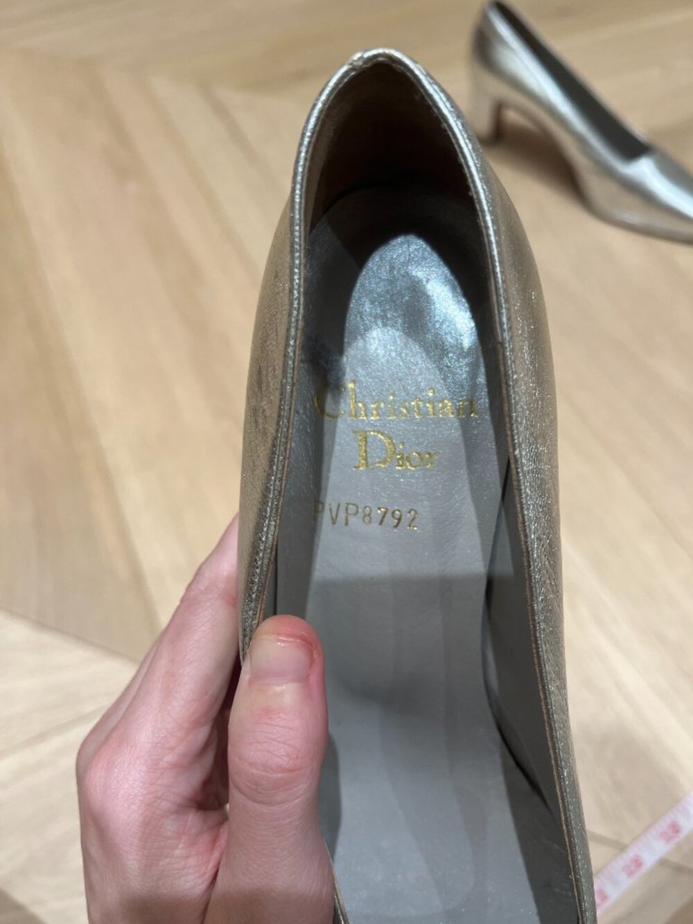 Christian Dior Vintage 90s Silver Metallic Leather Square Toe Pumps, Size 36.5 - Picture 2 of 9